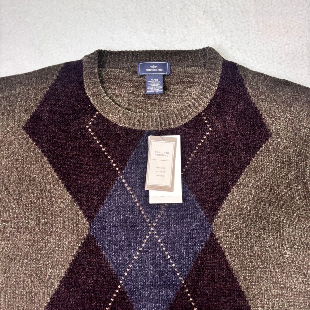 Dockers Chenille Argyle Crewneck Sweater XL NWT Brown Blue Textured - Picture 2 of 7